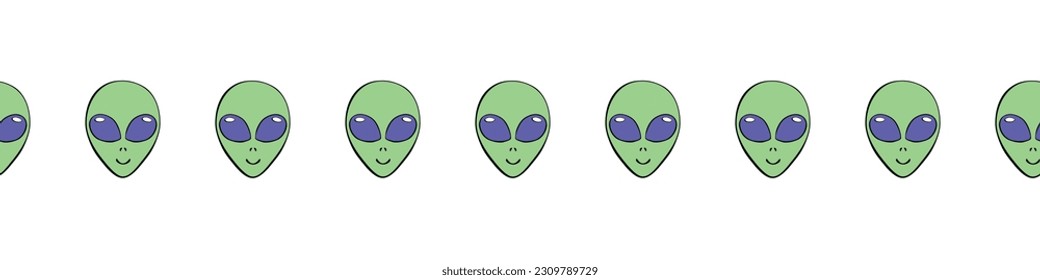 Edging, ribbon, border of Aliens green heads. Humanoids, visitors, Martians. Decorative element, decoration on theme of space, UFO, conspiracy theory, Sci-fi, kids design