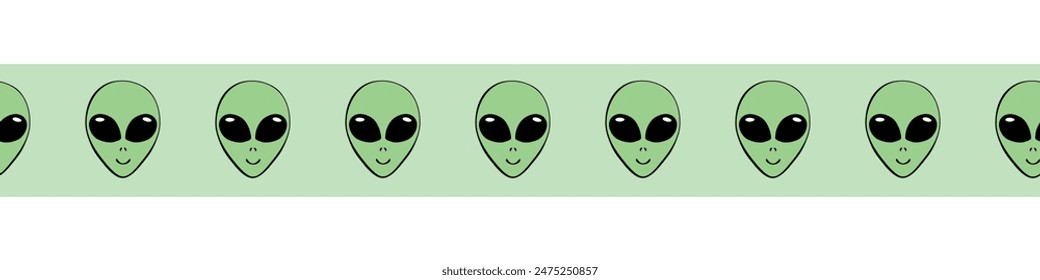 Edging, ribbon, border of Aliens green heads. Decorative element, decoration on theme of space, UFO, conspiracy theory, Sci-fi, kids design