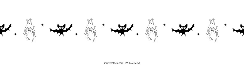 Edging, ribbon, border with bats, stars. Vector seamless pattern, divider, ornament, decorative element, decoration for Halloween in hand drawn, flat style isolated.