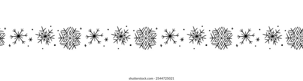 Rändelung, Band, Rand aus schwarzen Schneeflocken. Vektor nahtloses Muster, Teiler, dekoratives Element, Dekoration des Winterdesigns, Schneefall, Weihnachten, neues Jahr