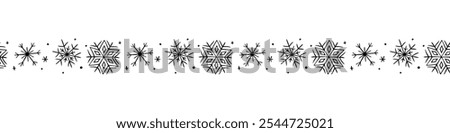 Edging, ribbon, border from black snowflakes. Vector seamless pattern, divider, decorative element, decoration of winter design, Snowfall, Christmas, new year