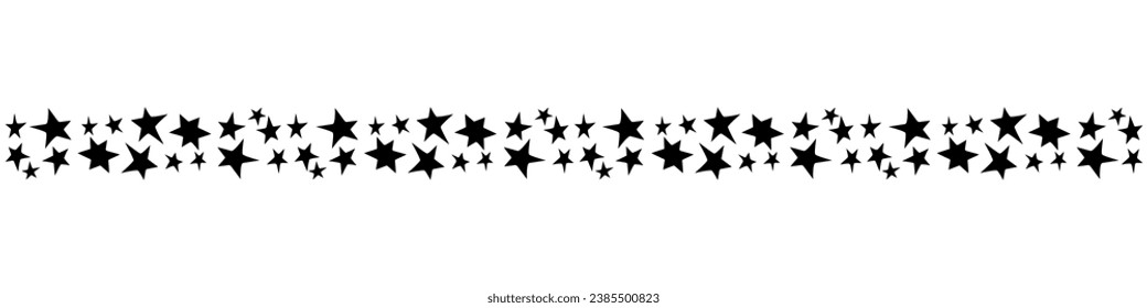 Edging, ribbon, border of black stars in flat style. Decorative element, divider, decoration on theme of astronomy, space, victory, holidays, kids design