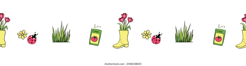 Borde, cinta, borde con botas con flores de primavera, tulipanes, semillas e insectos de jardín. Patrón sin fisuras del color del Vector, elemento decorativo en el tema del cultivo y del cuidado de las plantas, jardinería