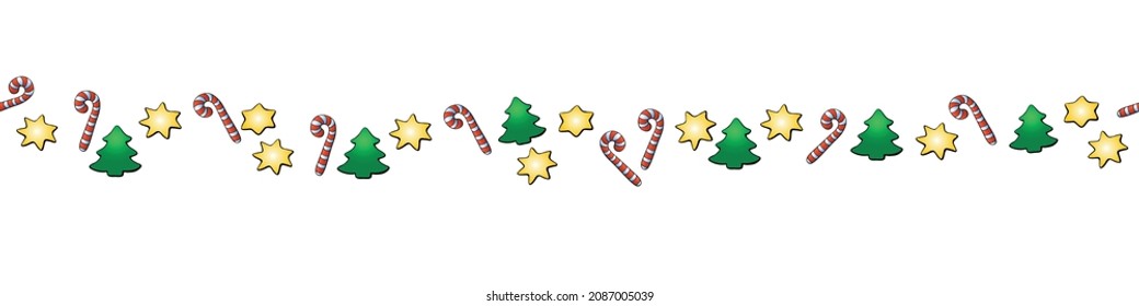 Edging, ribbon, border of candy cane, stars, xmas trees. Vector seamless pattern, ornament, decorative element, decoration for New Year, Christmas design