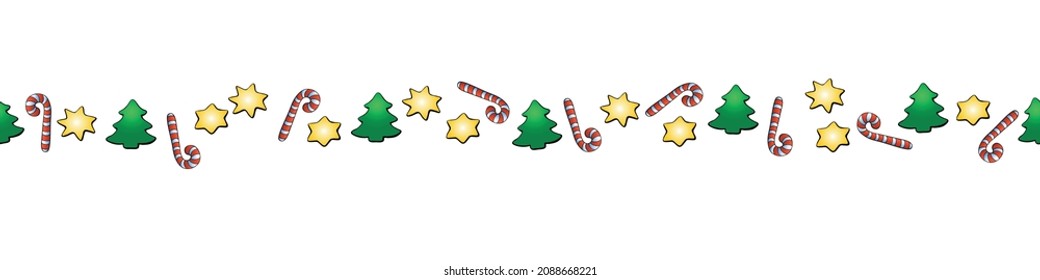 Edging, ribbon, border of candy cane, stars, xmas trees. Vector seamless pattern, ornament, decorative element, decoration for New Year, Christmas design