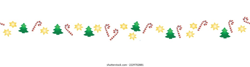 Edging, ribbon, border of candy cane, stars, xmas trees. Vector seamless pattern, ornament, decorative element, decoration for New Year, Christmas design