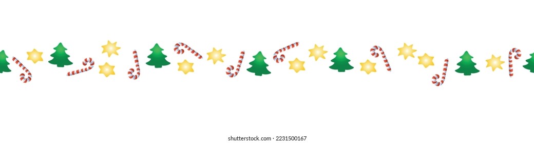 Edging, ribbon, border of candy cane, stars, xmas trees. Vector seamless pattern, ornament, decorative element, decoration for New Year, Christmas design