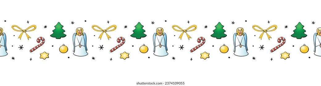 Edging, ribbon, border of color Christmas trees, singing angels, candy canes, stars. Vector seamless pattern, ornament, decorative element, decoration for New Year, Christmas design