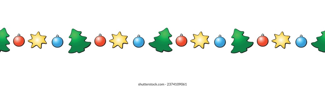 Edging, ribbon, border of color figures of Christmas trees, stars, xmas balls. Vector seamless pattern, ornament, horizontal decorative element for New Year, Christmas design