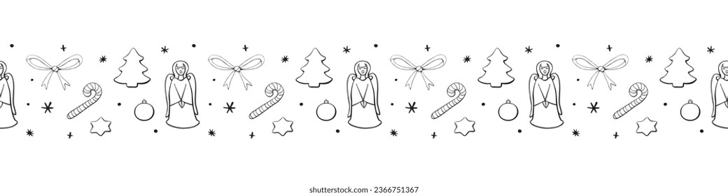 Edging, ribbon, border of contour Christmas trees, singing angels, candy canes, stars in doodle style. Vector seamless pattern, ornament, decorative element, decoration for New Year, Christmas design