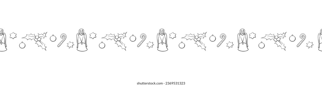 Borde, cinta, borde de contorno de símbolos festivos de Navidad en estilo doodle. Patrón de vectores sin fisuras, adorno, elemento decorativo, decoración para Año Nuevo, diseño de navidad
