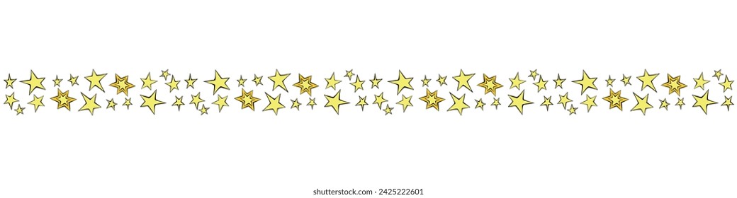 Edging, ribbon, border of contour yellow stars in flat doodle style. Decorative element, divider, decoration on theme of astronomy, space, victory, dream, kids design