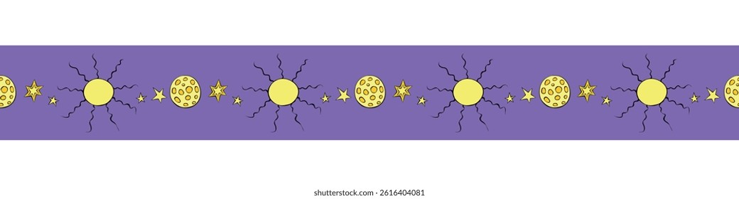 Edging, ribbon, border of contour yellow stars, Moon, Sun in flat doodle style. Decorative element, divider, decoration on theme of space, kids design, nature, change of day and night