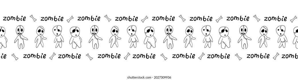 Edging, ribbon, border with cute outline zombies. Vector seamless pattern, divider, ornament, decoration for Halloween in doodle style isolated. Theme of monsters, fictional creatures