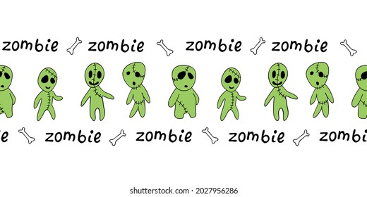 Edging, ribbon, border with cute outline zombies. Vector seamless pattern, divider, ornament, decoration for Halloween in doodle style isolated. Theme of monsters, fictional creatures