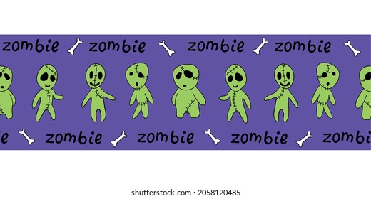 Edging, ribbon, border with cute outline zombies. Vector seamless pattern, divider, ornament, decoration for Halloween in doodle style isolated. Theme of monsters, fictional creatures