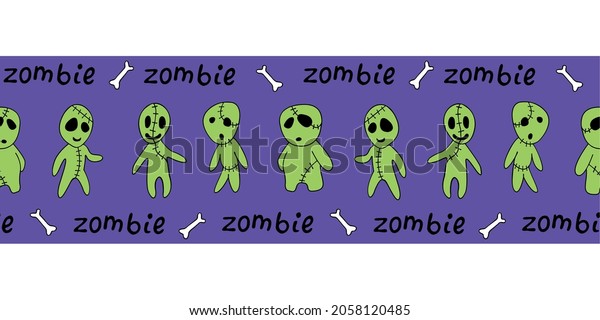 Edging,\
ribbon, border with cute outline zombies. Vector seamless pattern,\
divider, ornament, decoration for Halloween in doodle style\
isolated. Theme of monsters, fictional\
creatures