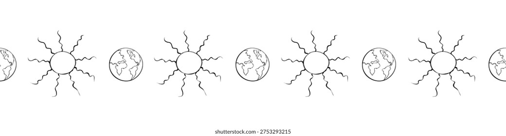 Edging, ribbon, border from the Earth and the Sun in doodle style. Decorative element, divider, edge decoration on theme of space, astronomy, kids design