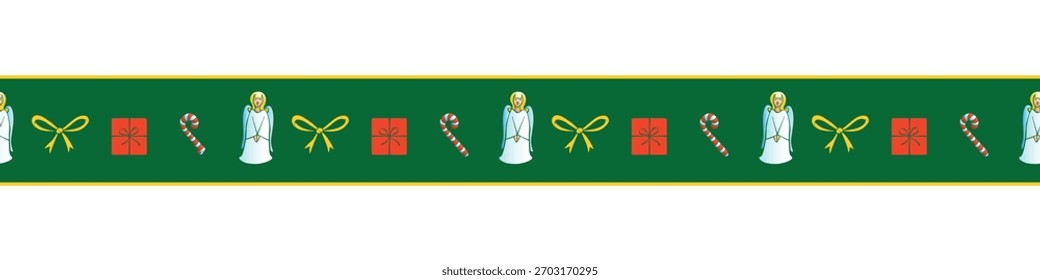 Borda, fita, borda de símbolos de Natal festivos em estilo plano. Vetor padrão sem emenda, ornamento, elemento decorativo, decoração para Ano Novo, design xmas