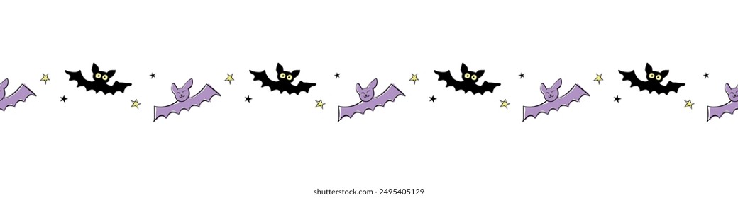 Edging, ribbon, border with flying bats, stars. Vector seamless pattern, divider, ornament, decorative element, decoration for Halloween in hand drawn, flat style isolated.