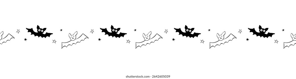 Edging, ribbon, border with flying bats, stars. Vector seamless pattern, divider, ornament, decorative element, decoration for Halloween in hand drawn, flat style isolated.