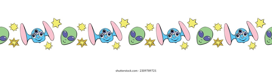 Edging, ribbon, border of funny Aliens heads, stars in doodle flat style. Humanoids, visitors, Martians. Decorative element, decoration on theme of space, UFO, fantastic, kids design