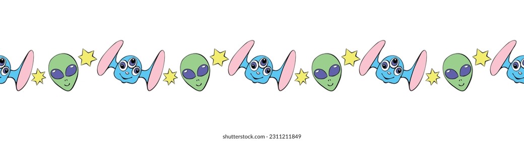 Edging, ribbon, border of funny Aliens heads, stars in doodle flat style. Humanoids, visitors, Martians. Decorative element, decoration on theme of space, UFO, fantastic, kids design