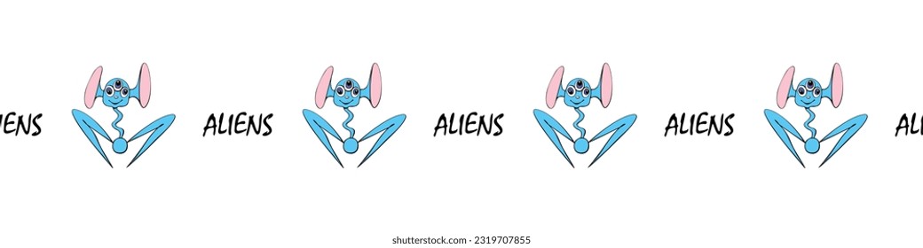 Edging, ribbon, border of funny three-eyed Aliens in doodle flat style. Humanoids, visitors, Martians. Decorative element, decoration on theme of space, UFO, fantastic, kids design
