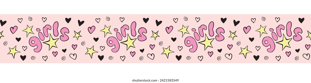 Edging, ribbon, border of girls lettering, bright elements in flat doodle style. Vector cute bright seamless pattern, ornament, divider, decoration