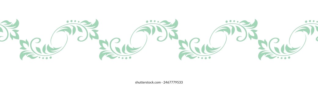 Edging, ribbon, border of of light green stylized stems, leaves, flowers and curls in flat retro style. Vector seamless pattern, ornament, decorative element, decoration