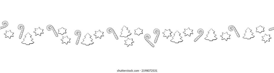 Edging, ribbon, border of outline candy cane, stars, xmas trees. Vector seamless pattern, ornament, decorative element, decoration for New Year, Christmas design