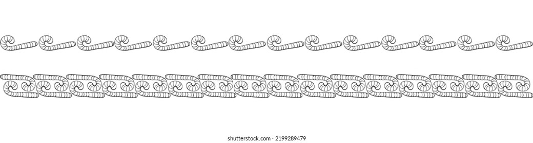 Edging, ribbon, border from outline candy cane. Vector decoration on theme sweet New Year, Christmas