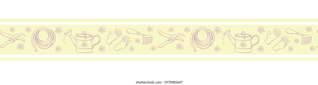 Edging, ribbon, border with outline flowers and garden equipments. Vector seamless pattern, ornament, decorative element, decoration with tools gardening in doodle style