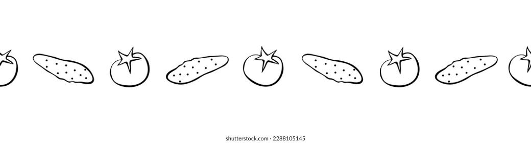 Edging, ribbon, border of outline fresh vegetables- cucumbers, tomatoes. Simple doodle ornament, decorative element, divider for cooking theme, menu, kitchen design