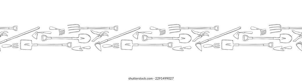 Edging, ribbon, border of outline garden tools, working equipment. Simple doodle ornament, decorative element, divider on topic of gardening, farming, agriculture