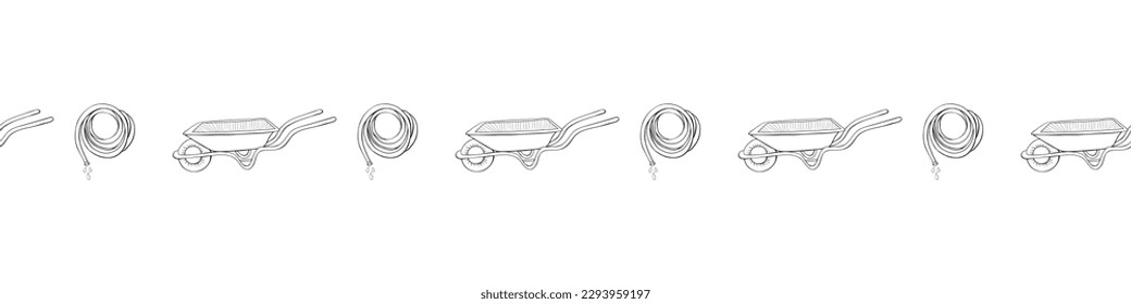 Edging, ribbon, border with outline garden wheelbarrow, rolled hose for irrigation. Gardening equipment. Simple doodle ornament, decorative element, divider on topic of gardening, farming, agriculture