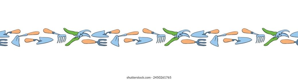 Edging, ribbon, border of outline garden tools: hoes, fork, pruner, pruning shears. Equipments for working. Vector color seamless pattern, divider, ornament on topic of gardening, farming, agriculture