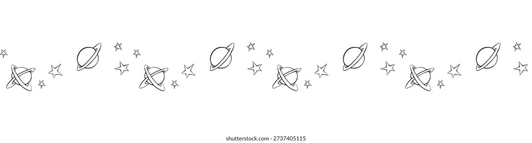 Edging, ribbon, border of outline planets, stars in doodle flat style. Decorative element, divider, decoration on theme of space, UFO, fantastic, kids design