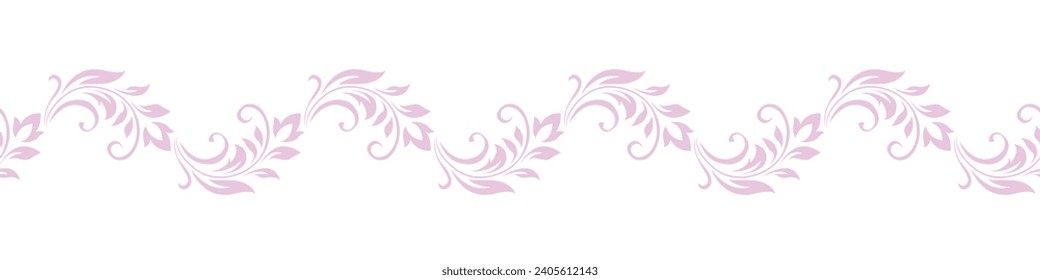 Edging, ribbon, border of of pink stylized stems, leaves, flowers and curls in flat retro style. Vector delicate seamless pattern, ornament