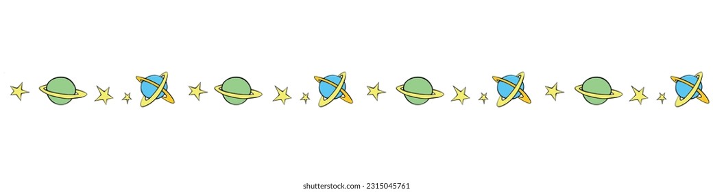 Edging, ribbon, border of planets, stars in doodle flat style. Decorative element, divider, decoration on theme of space, UFO, fantastic, kids design