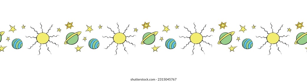 Edging, ribbon, border of planets, stars, suns in doodle flat style. Decorative element, divider, decoration on theme of space, astronomy, fantastic, kids design