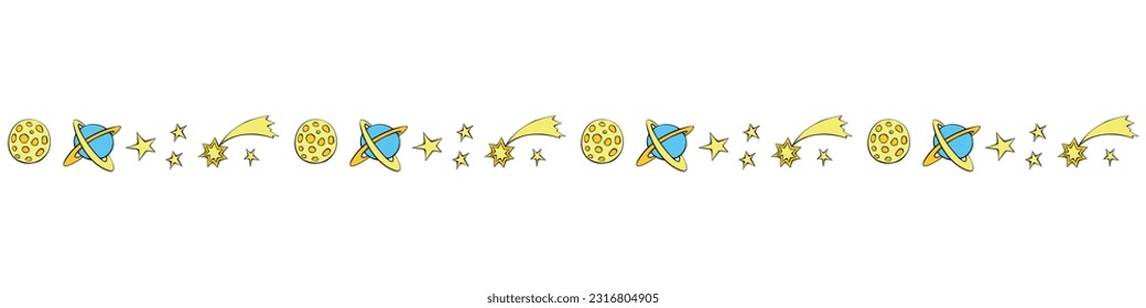 Edging, ribbon, border of planets, stars, moons, comets in doodle flat style. Decorative element, divider, decoration on theme of space, astronomy, fantastic, kids design