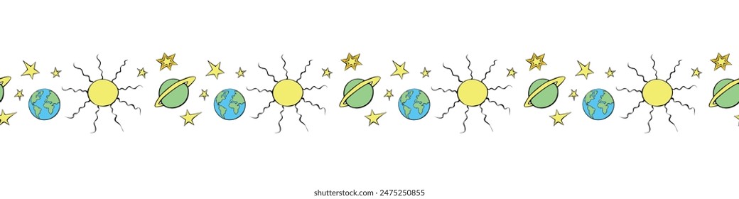Edging, ribbon, border of planets, stars, suns in doodle flat style. Decorative element, divider, decoration on theme of space, astronomy, fantastic, kids design