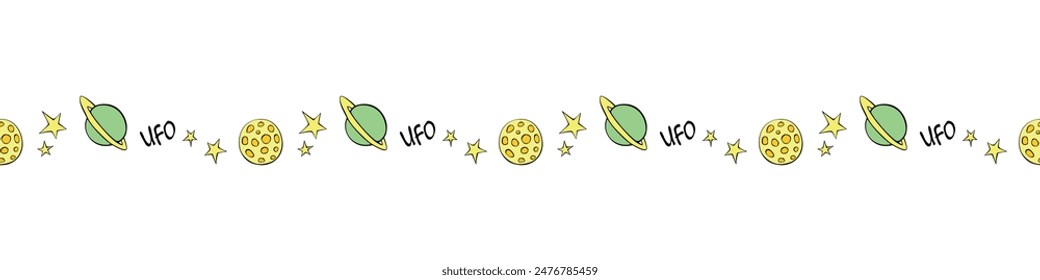 Edging, ribbon, border of planets, stars, moons, comets in doodle flat style. Decorative element, divider, decoration on theme of space, UFO, kids design