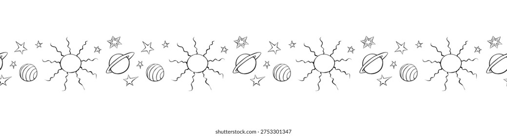 Edging, ribbon, border of planets, stars, suns in doodle style. Decorative element, divider, decoration on theme of space, astronomy, fantastic, kids design