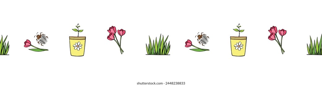 Borde, cinta, borde con macetas con brote de plantas, flores de primavera e insectos de jardín. Patrón sin fisuras del color del Vector, elemento decorativo en el tema del cultivo y del cuidado de las plantas para el hogar, jardín