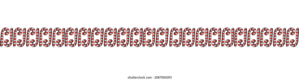 Edging, ribbon, border from red candy cane. Vector seamless pattern, ornament, decorative element, decoration on theme sweet New Year, Christmas