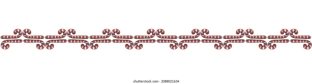 Edging, ribbon, border from red candy cane. Vector seamless pattern, ornament, decorative element, decoration on theme sweet New Year, Christmas