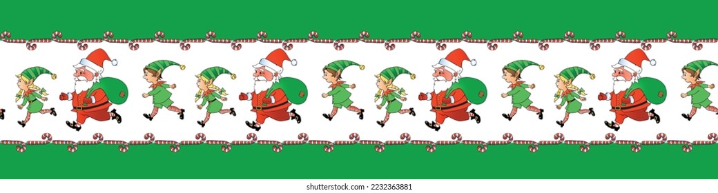 Edging, ribbon, border of Santa Claus and Cute little Christmas Elves. Vector seamless pattern, ornament, decorative element, decoration for New Year, xmas design