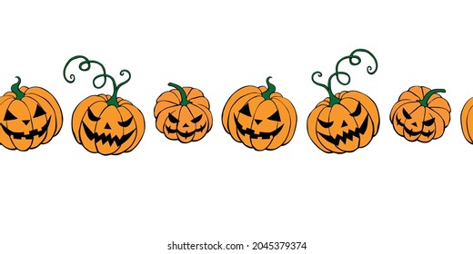 Edging, ribbon, border of simple scary spooky smiling pumpkins, Jack lantern. Vector seamless pattern, divider, ornament, decoration for Halloween in doodle flat style, isolated